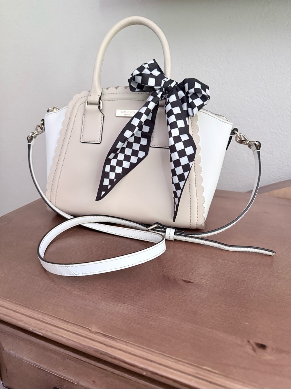 kate spade Cream & White Scallop-Trim Top-Handle Satchel with Check Bow
